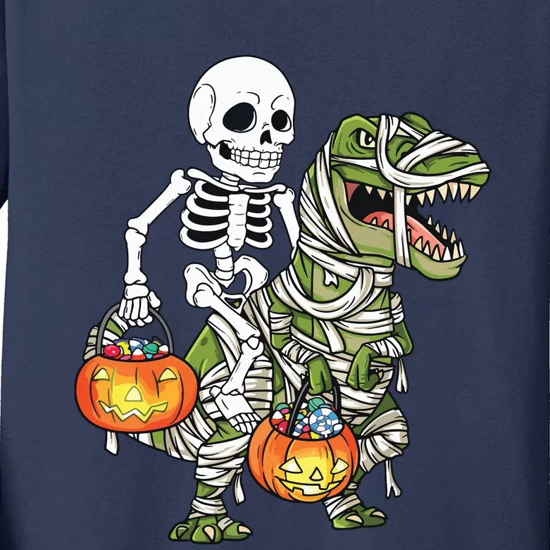 Halloween Skeleton Riding Mummy Dinosaur T Rex Funny Pumpkin Kids Long Sleeve Shirt