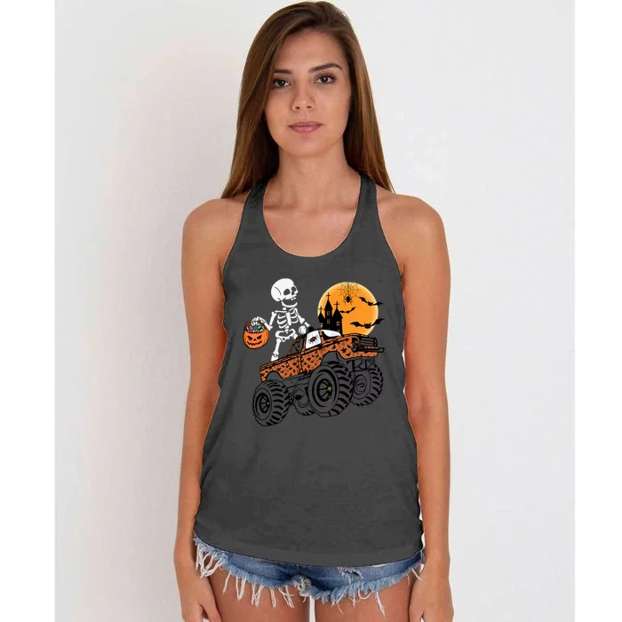 Halloween Skeleton Riding Monster Truck Gift Women's Knotted Racerback Tank