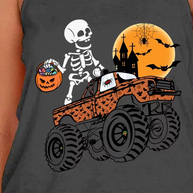 Halloween Skeleton Riding Monster Truck Gift Women's Knotted Racerback Tank