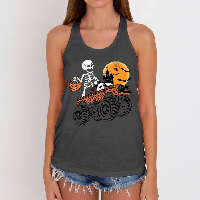 Halloween Skeleton Riding Monster Truck Gift Women's Knotted Racerback Tank