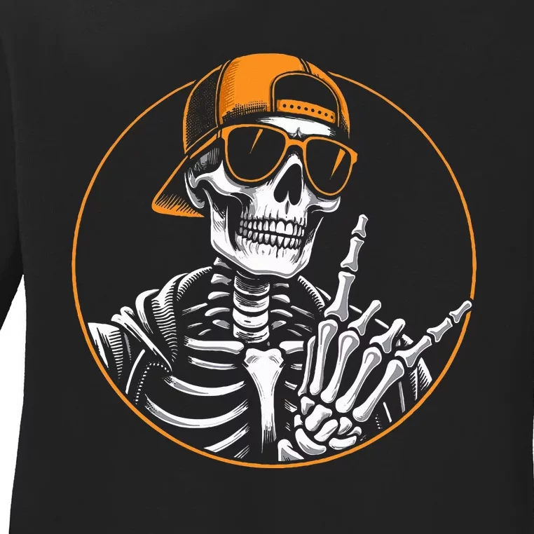 Halloween Skeleton Rock Hand Rocker Ladies Long Sleeve Shirt