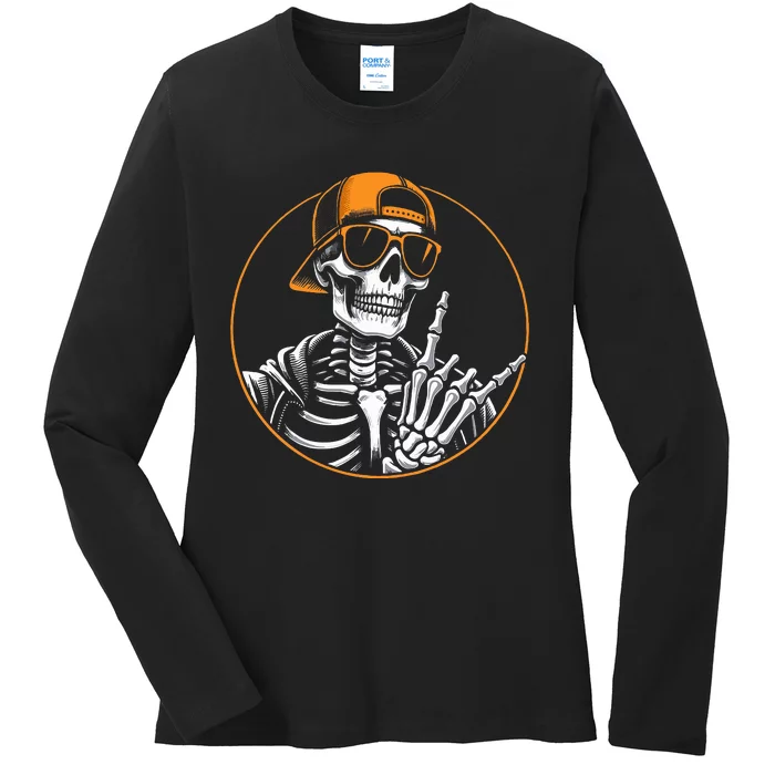 Halloween Skeleton Rock Hand Rocker Ladies Long Sleeve Shirt