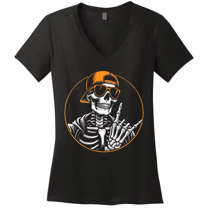 Halloween Skeleton Rock Hand Rocker Women's V-Neck T-Shirt