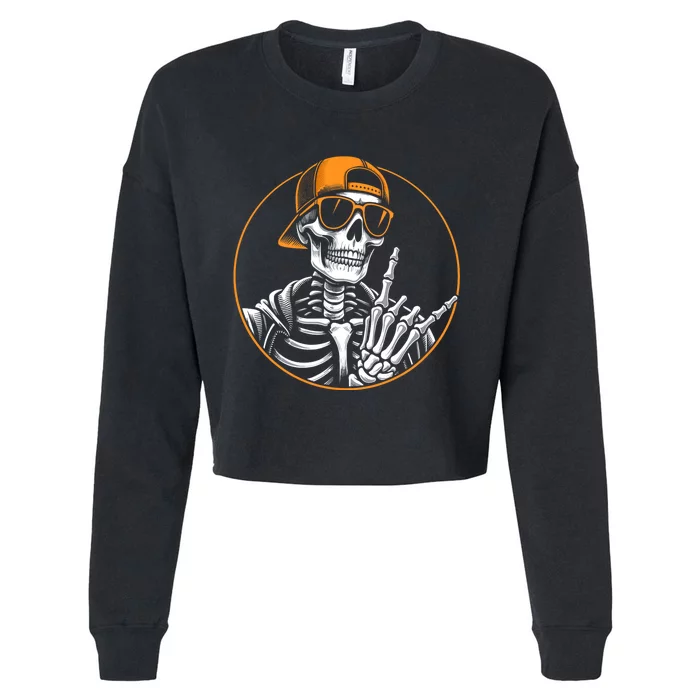 Halloween Skeleton Rock Hand Rocker Rock Music Cropped Pullover Crew