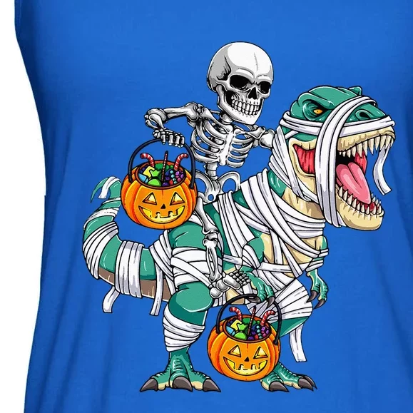 Halloween Skeleton Riding Mummy Dinosaur T Rex Funny Ladies Essential Flowy Tank