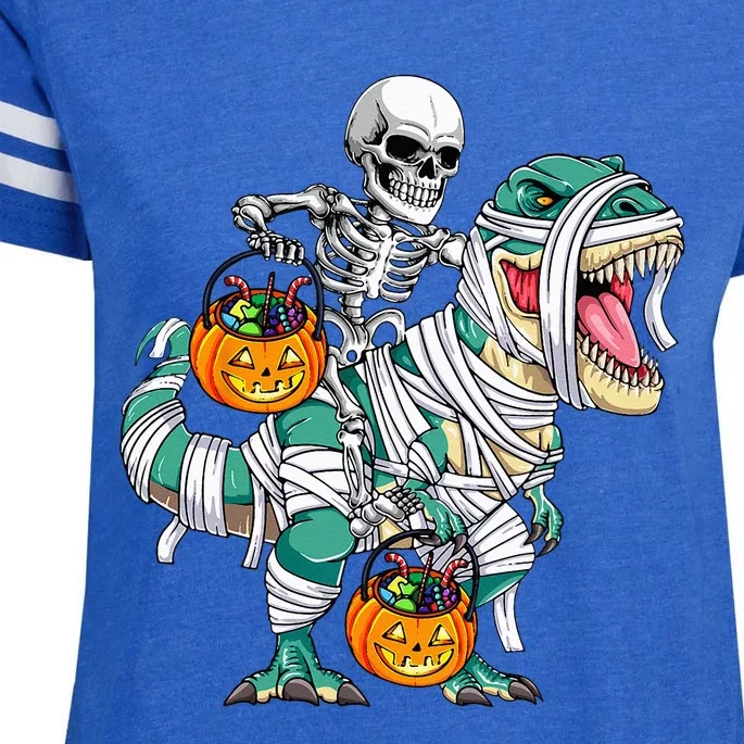 Halloween Skeleton Riding Mummy Dinosaur T Rex Funny Enza Ladies Jersey Football T-Shirt