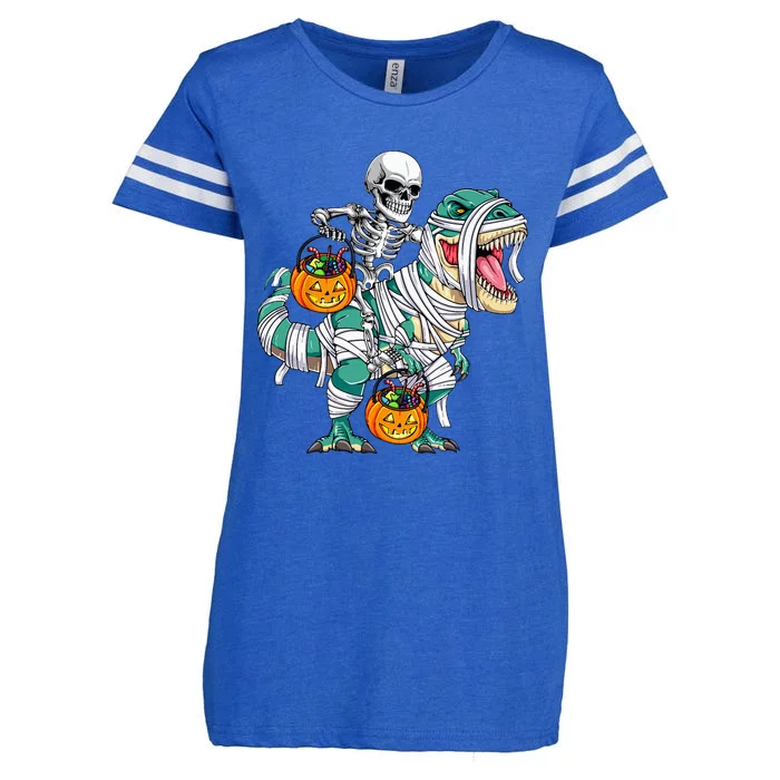 Halloween Skeleton Riding Mummy Dinosaur T Rex Funny Enza Ladies Jersey Football T-Shirt