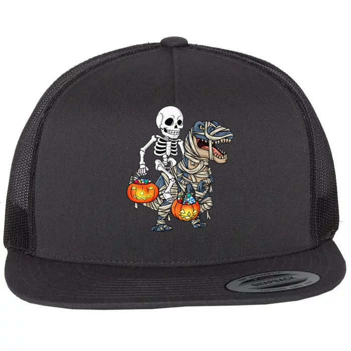 Halloween Skeleton Riding Mummy Dinosaur T Rex Funny Pumpkin Flat Bill Trucker Hat