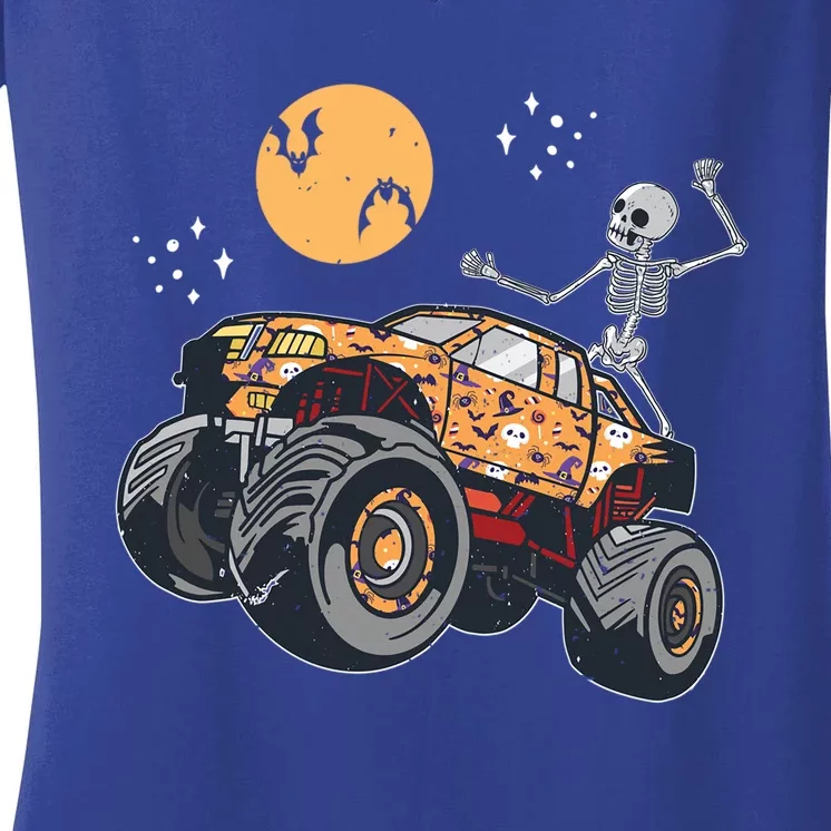 Halloween Skeleton Riding Monster Truck Car Racing Lover Cute Gift Women's V-Neck T-Shirt