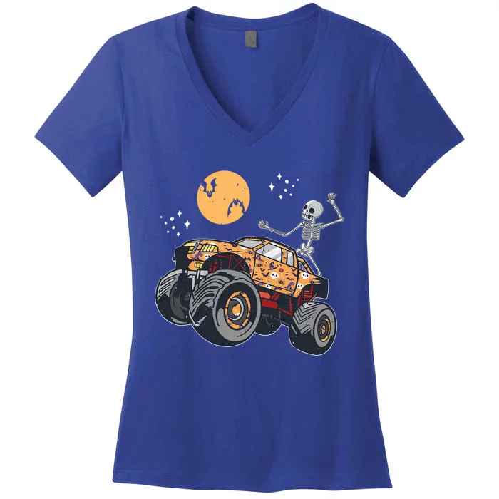 Halloween Skeleton Riding Monster Truck Car Racing Lover Cute Gift Women's V-Neck T-Shirt