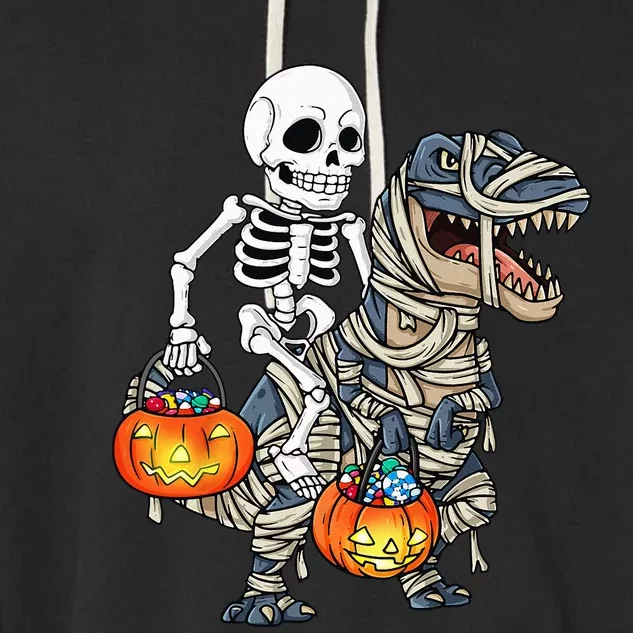 Halloween Skeleton Riding Mummy Dinosaur T Rex Funny Pumpkin Garment-Dyed Fleece Hoodie