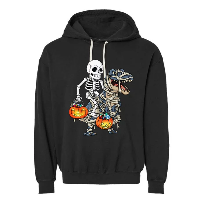 Halloween Skeleton Riding Mummy Dinosaur T Rex Funny Pumpkin Garment-Dyed Fleece Hoodie