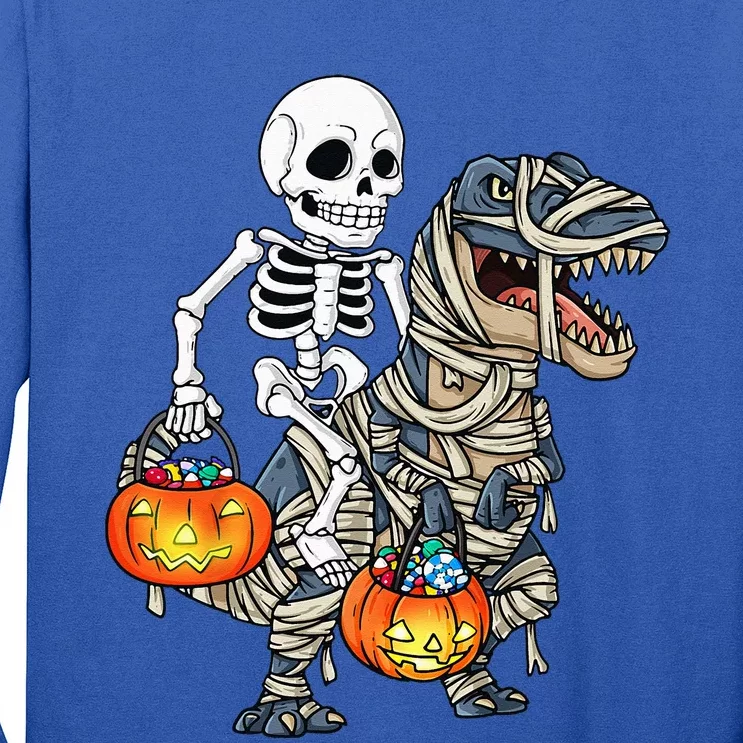 Halloween Skeleton Riding Mummy Dinosaur T Rex Funny Pumpkin Long Sleeve Shirt