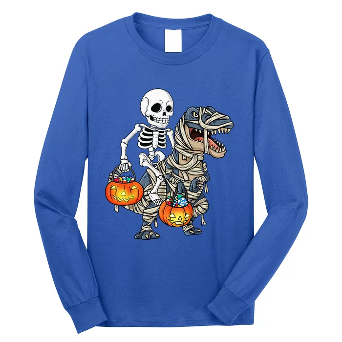 Halloween Skeleton Riding Mummy Dinosaur T Rex Funny Pumpkin Long Sleeve Shirt