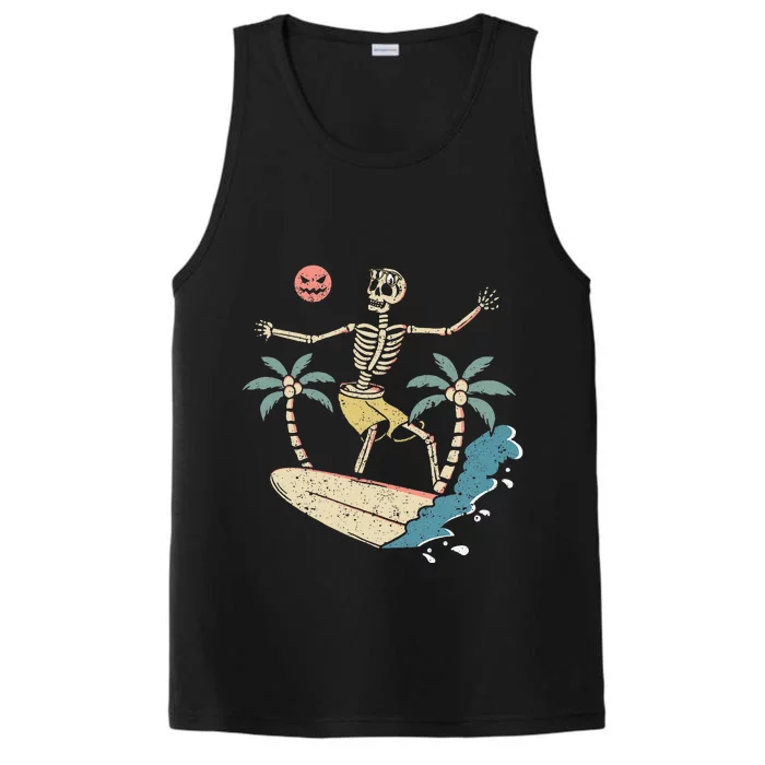 Hawaii Surfer Skeleton Halloween Beach Scary Spooky Surfers Performance Tank