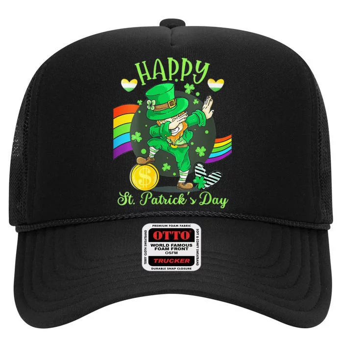 Happy St Saint Patrick's Day Rainbow Shamrock Irish High Crown Mesh Trucker Hat