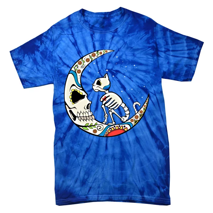 Halloween Sugar Skull Skeleton Half Moon Cat Mom Dad October Gift Tie-Dye T-Shirt