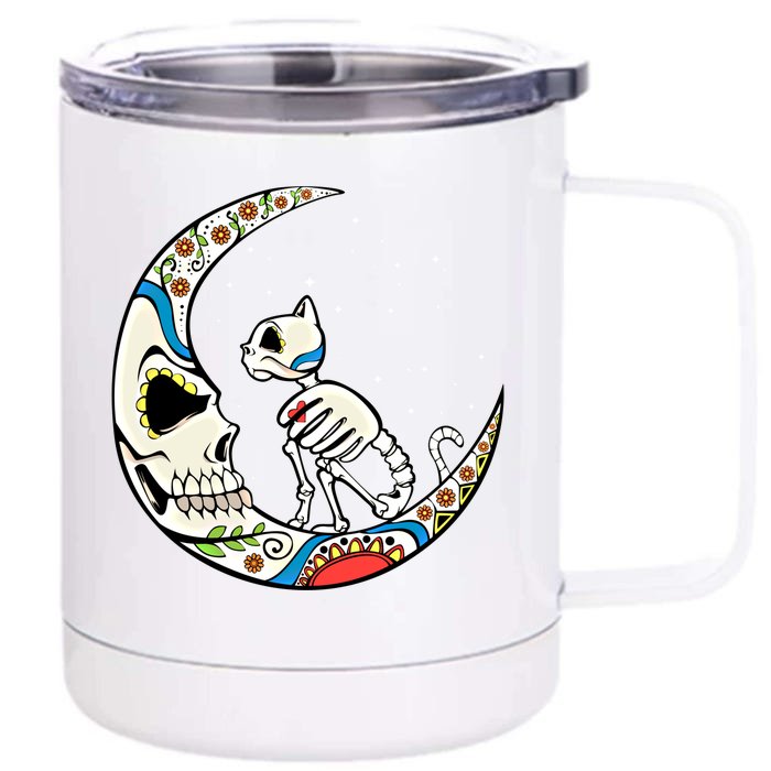 Halloween Sugar Skull Skeleton Half Moon Cat Mom Dad October Gift Front & Back 12oz Stainless Steel Tumbler Cup