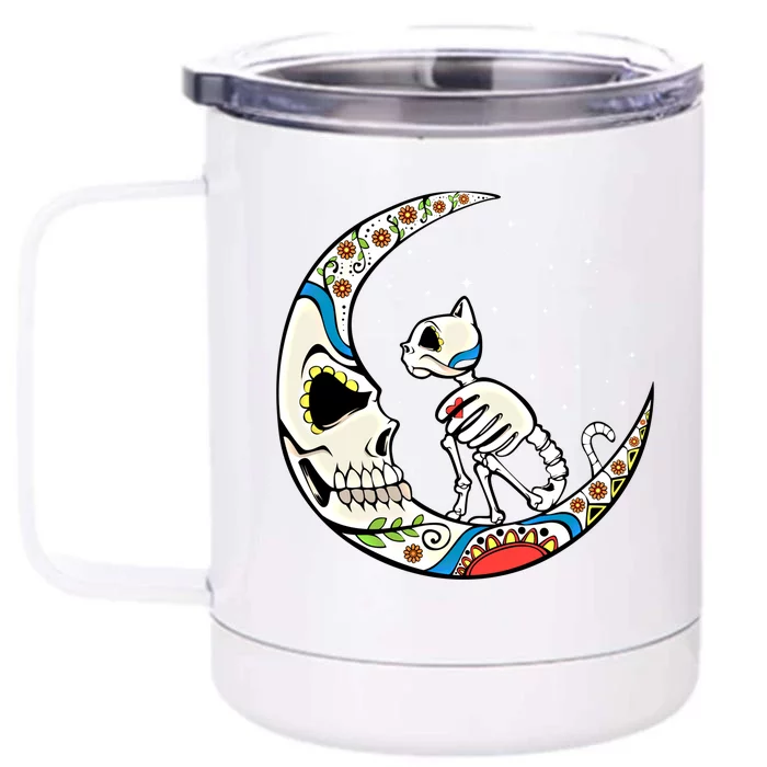 Halloween Sugar Skull Skeleton Half Moon Cat Mom Dad October Gift Front & Back 12oz Stainless Steel Tumbler Cup