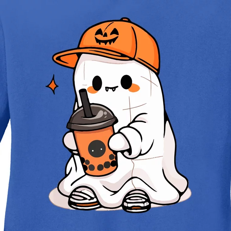 Halloween Spooky Season Cute Little Ghost Drinking Coffee Gift Ladies Long Sleeve Shirt