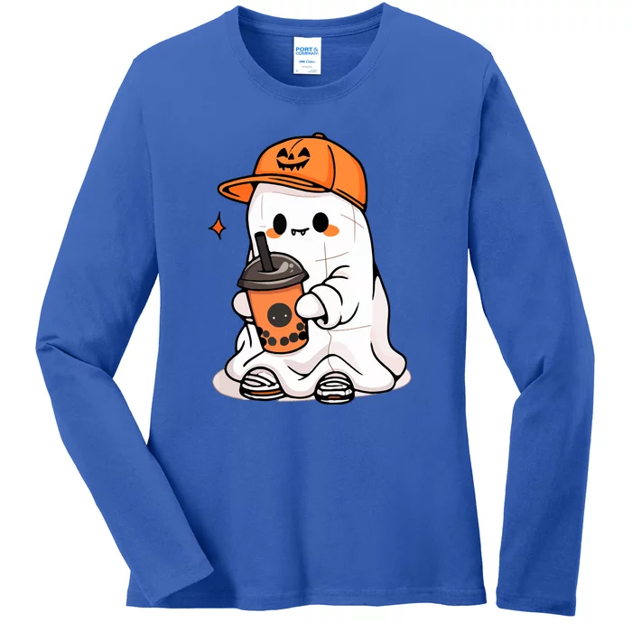 Halloween Spooky Season Cute Little Ghost Drinking Coffee Gift Ladies Long Sleeve Shirt