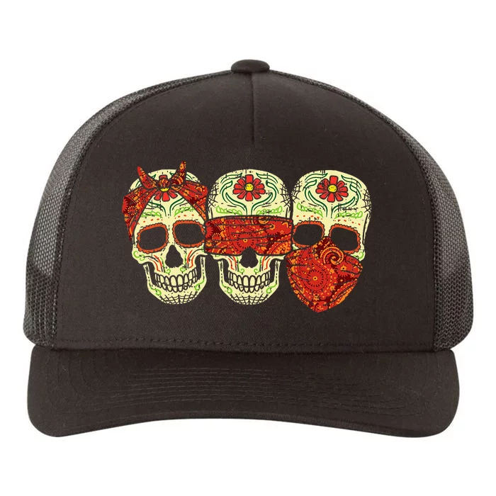 Hear See Speak No Evil Sugar Skulls Dia De Muertos Halloween Yupoong Adult 5-Panel Trucker Hat