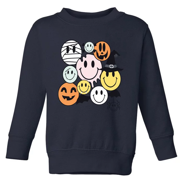 Halloween Smileys Spooky Vibes Emotional Face Retro Groovy Toddler Sweatshirt