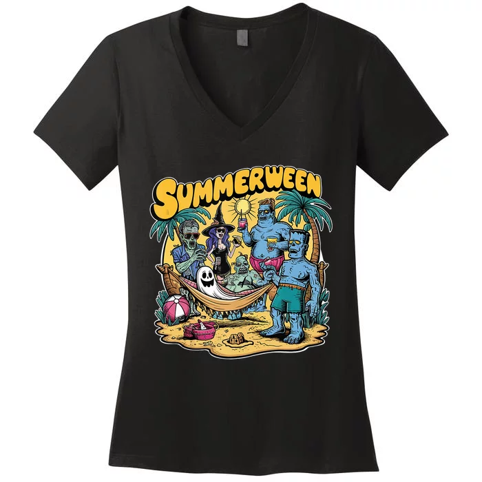 Happy Summerween Summer Halloween Holiday Beach Vibes Spooky Women's V-Neck T-Shirt