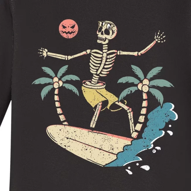 Hawaii Surfer Skeleton Halloween Beach Scary Spooky Surfers Baby Long Sleeve Bodysuit