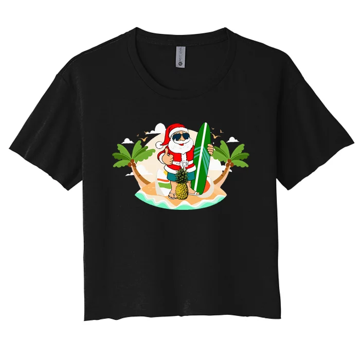 Hawaiian Surfing Santa Claus or Surf Beach Christmas in July Women's Crop Top Tee