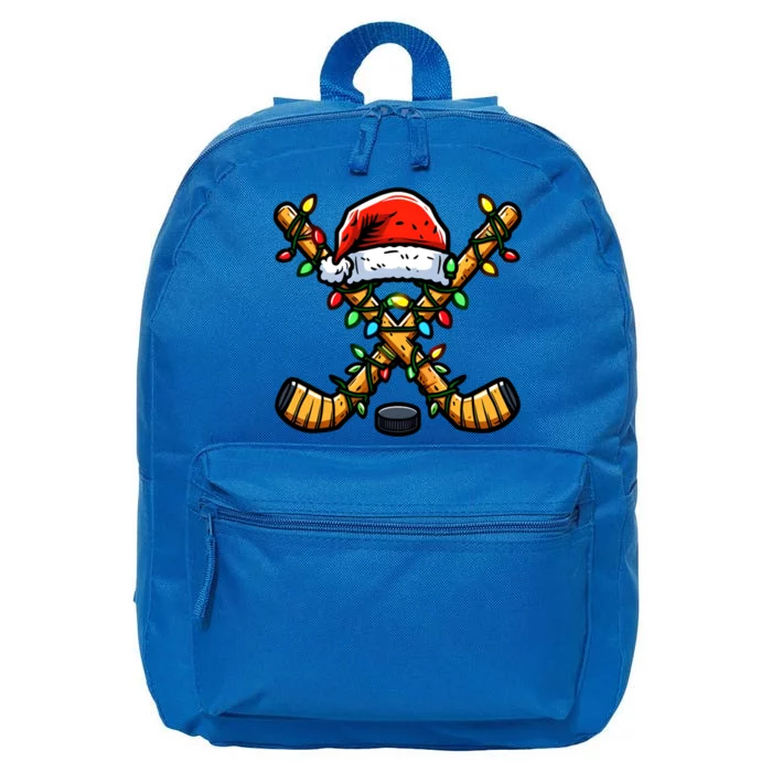 Hockey Sticks Santa Hat Christmas Lights Family Matching Gift 16 in Basic Backpack