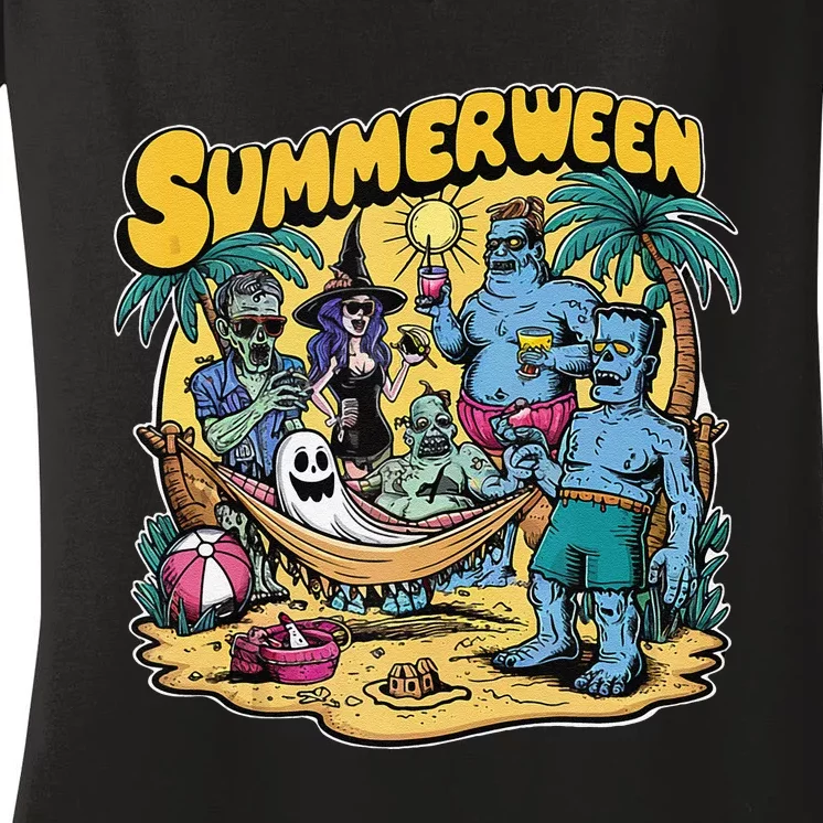 Happy Summerween Summer Halloween Holiday Beach Vibes Spooky Women's V-Neck T-Shirt