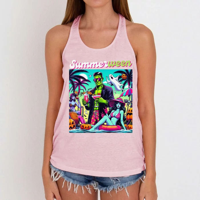 Happy Summerween Summer Halloween Holiday Beach Vibes Spooky Women's Knotted Racerback Tank