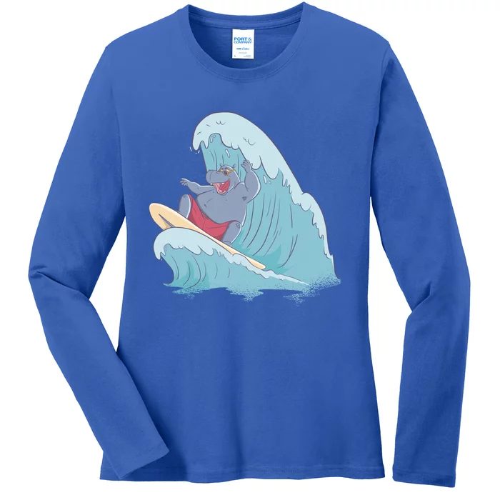 Hippo Surfing Surf Hippopotamus Wave Ocean Beach Gift Ladies Long Sleeve Shirt