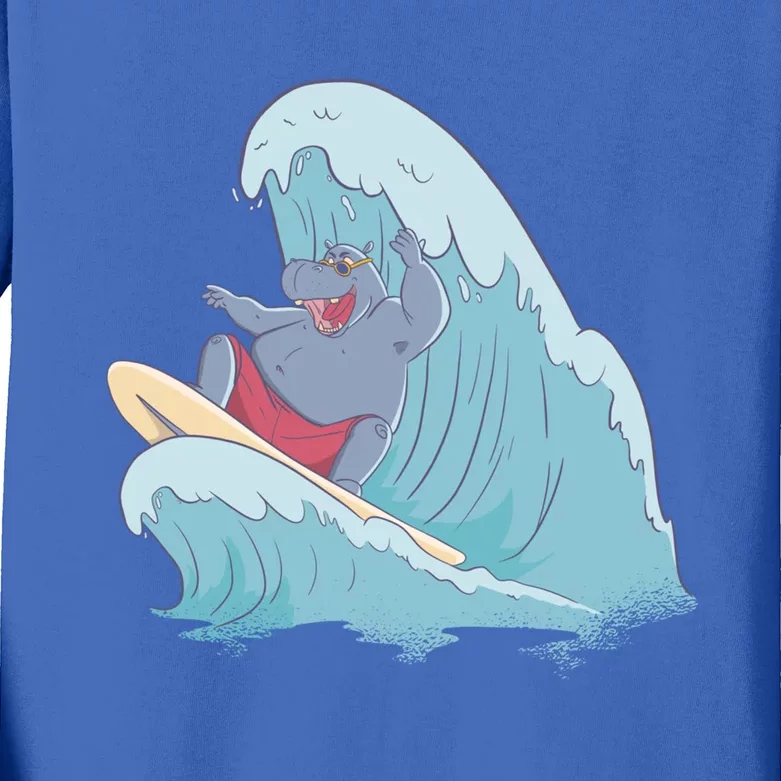 Hippo Surfing Surf Hippopotamus Wave Ocean Beach Gift Kids Long Sleeve Shirt