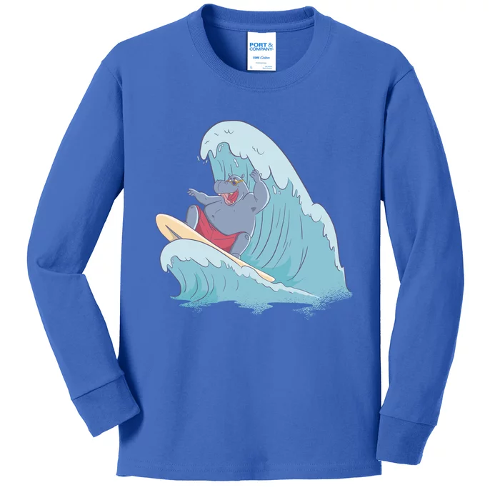 Hippo Surfing Surf Hippopotamus Wave Ocean Beach Gift Kids Long Sleeve Shirt