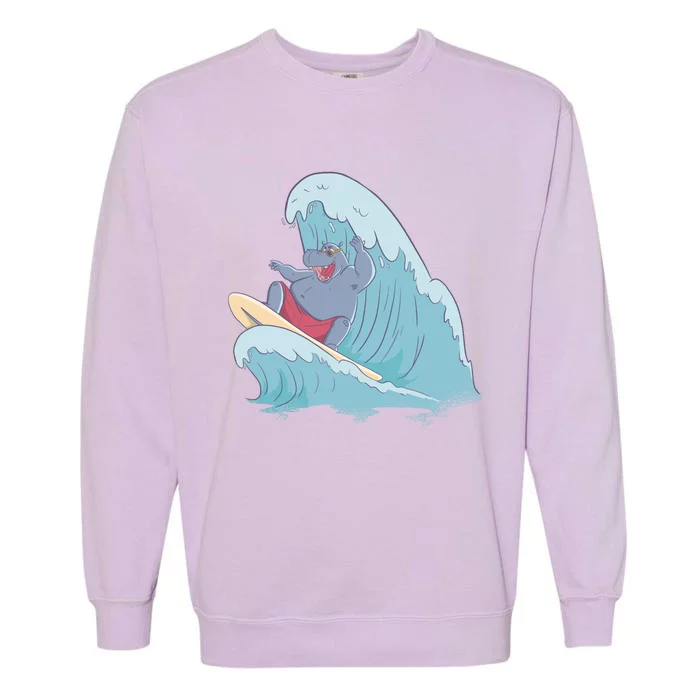 Hippo Surfing Surf Hippopotamus Wave Ocean Beach Gift Garment-Dyed Sweatshirt