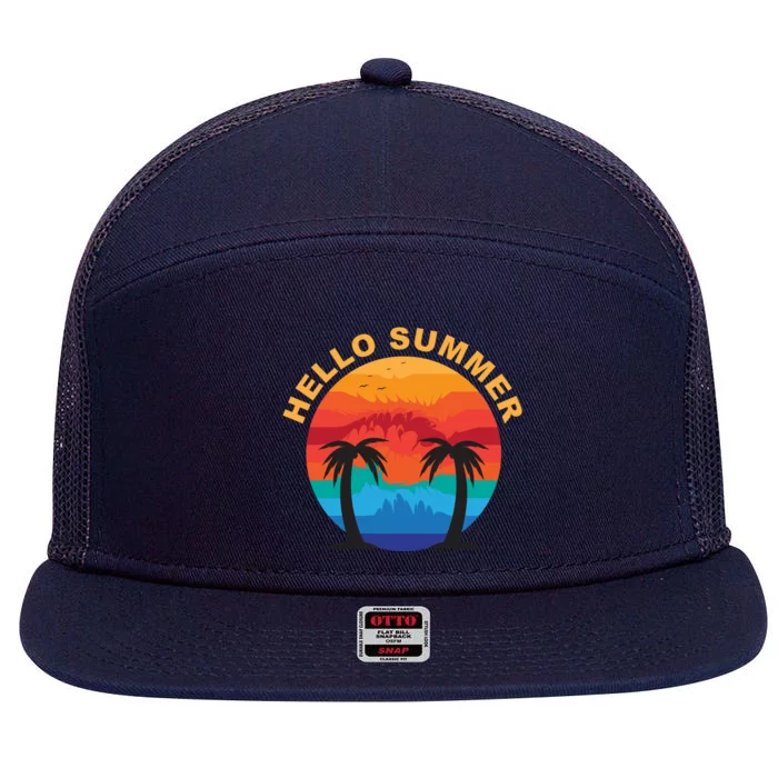 Hello Summer Tropical Sunset Beach 7 Panel Mesh Trucker Snapback Hat