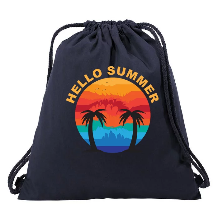 Hello Summer Tropical Sunset Beach Drawstring Bag