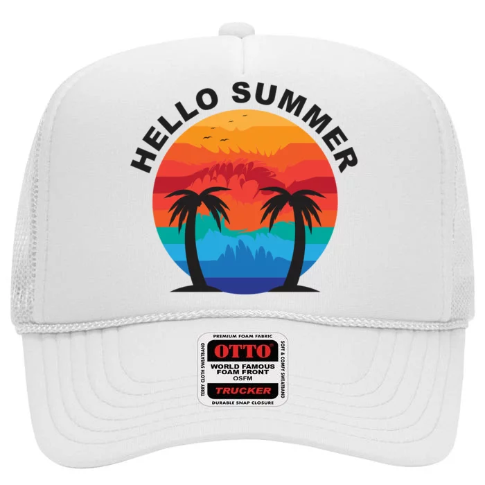 Hello Summer Tropical Sunset Beach High Crown Mesh Trucker Hat