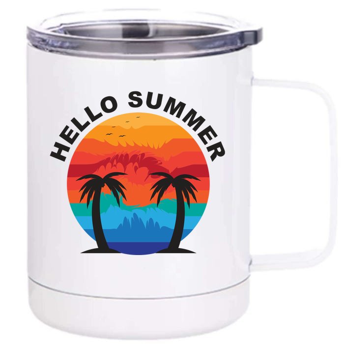 Hello Summer Tropical Sunset Beach Front & Back 12oz Stainless Steel Tumbler Cup