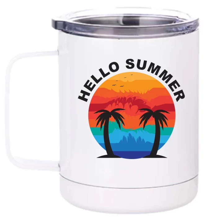 Hello Summer Tropical Sunset Beach Front & Back 12oz Stainless Steel Tumbler Cup