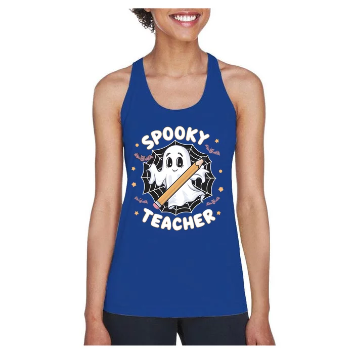 Halloween Spooky Teacher Ghost Bats And Spiderweb Design Gift Women's Racerback Tank