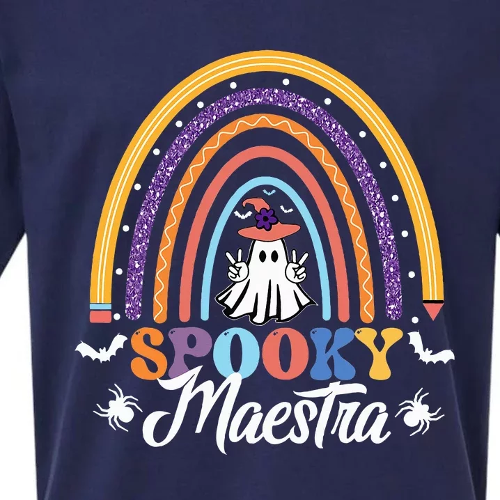 Halloween Spanish Teacher Spooky Rainbow Bilingual Maestra Sueded Cloud Jersey T-Shirt