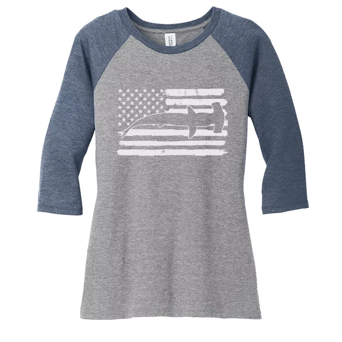 Hammerhead Shark USA Flag 4th Of July Fourth Vintage Women's Tri-Blend 3/4-Sleeve Raglan Shirt