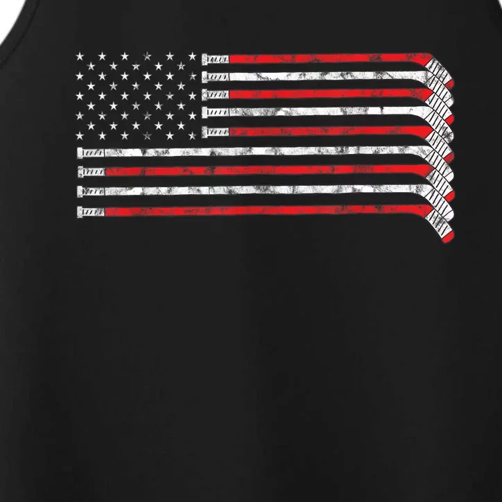 Hockey Stick USA Flag Faded Hockey Player Tshirt Performance Tank