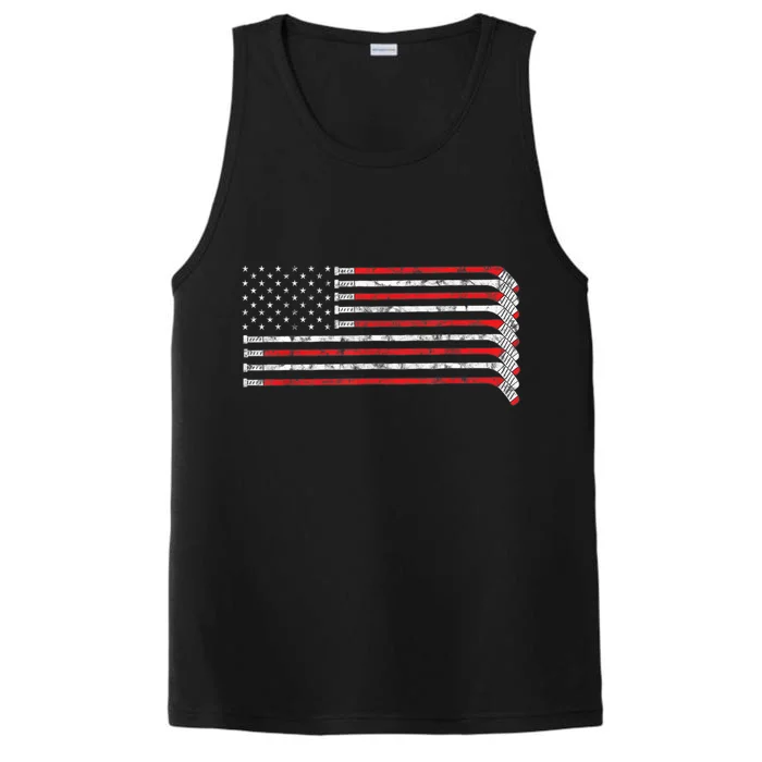 Hockey Stick USA Flag Faded Hockey Player Tshirt Performance Tank