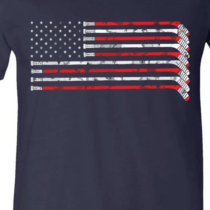 Hockey Stick USA Flag Faded Hockey Player V-Neck T-Shirt