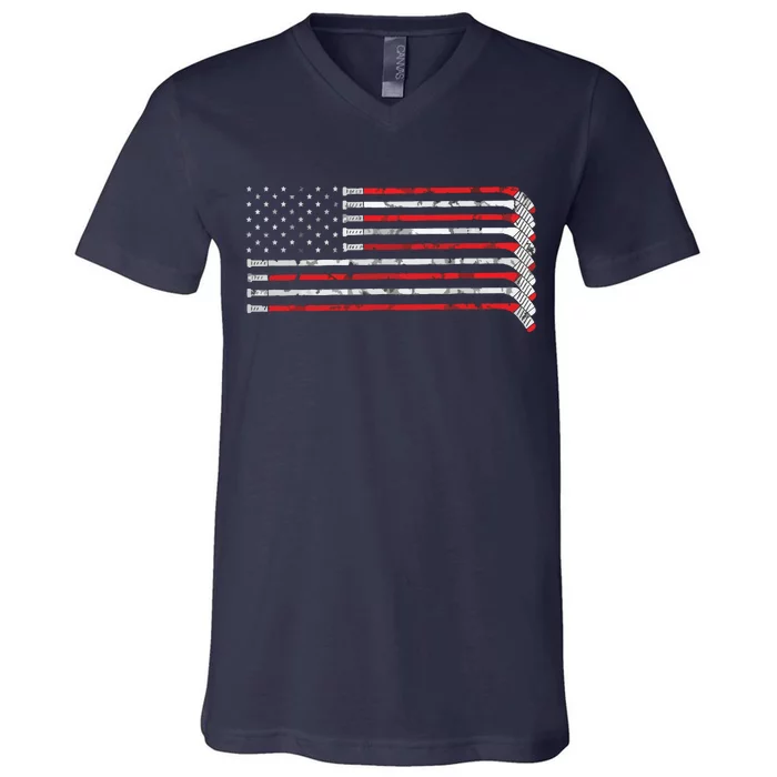 Hockey Stick USA Flag Faded Hockey Player V-Neck T-Shirt