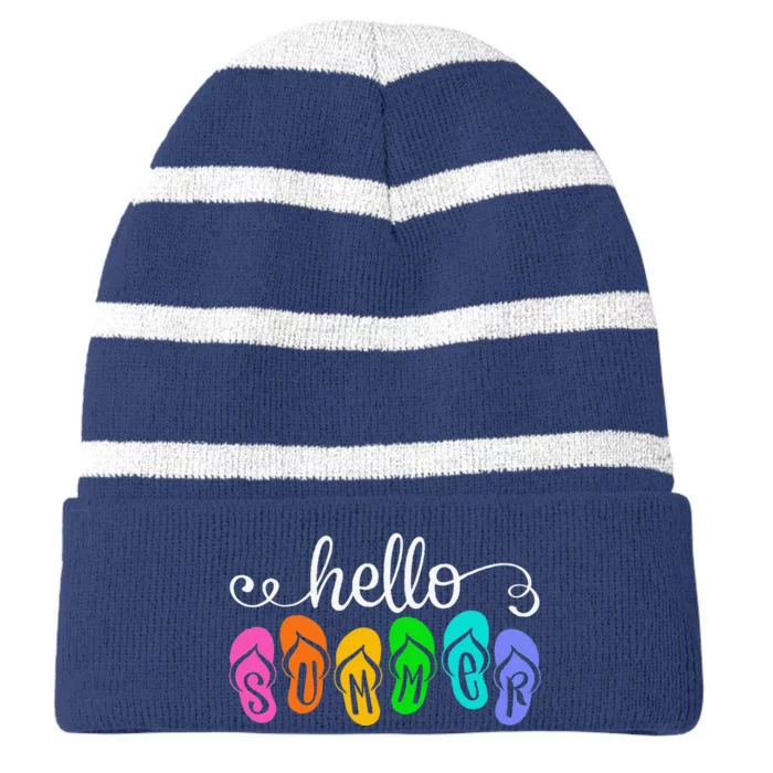 Hello Summer Vacation Flip Flops Colorful Beach Vacation Striped Beanie with Solid Band